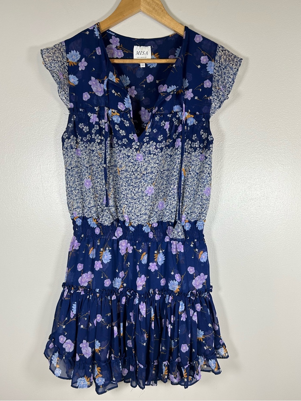 MISA Los Angeles Navy Blue Floral Ruffle Mini Dress